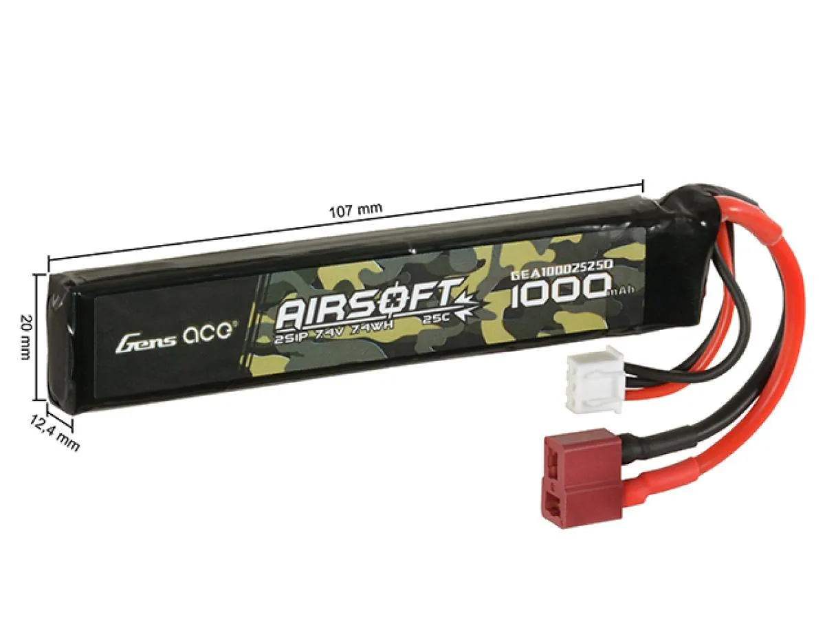 Gens ace 25C 1000mAh 2S1P 7.4V Airsoft Gun Lipo Battery with T-Plug